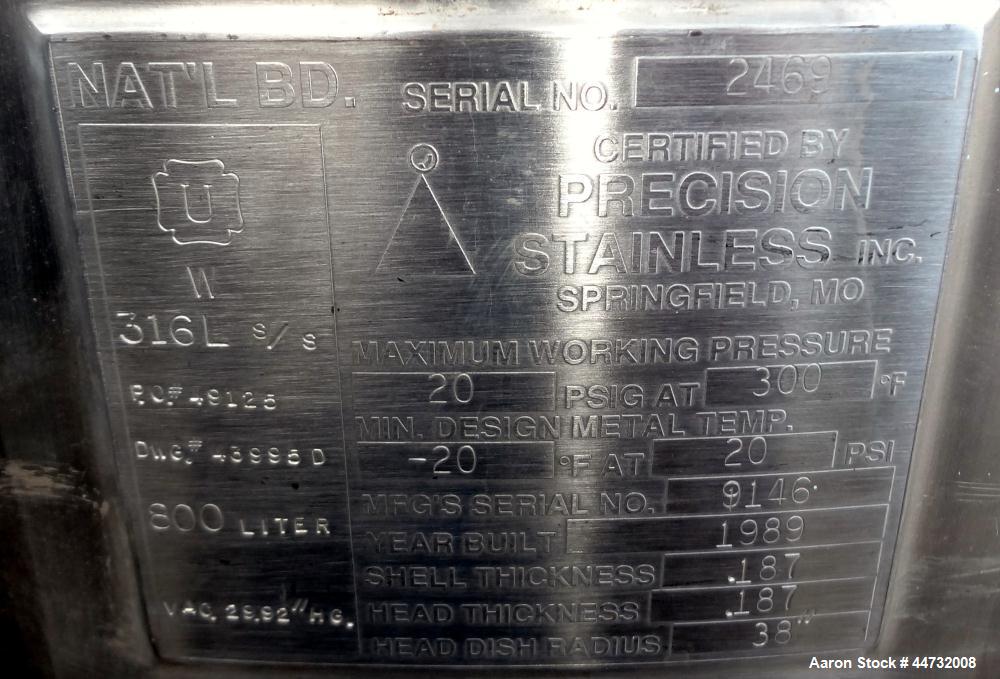 Used 800 Liter Stainless Steel Pressure Tank
