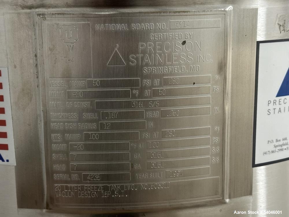 Used Precision Stainless 5 Gallon (20 Liter) Pressure/Vacuum Freeze Tank – 316L SS, Jacketed, Portable, 50 PSI