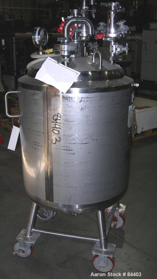 USED: Precision Stainless pressure tank, 53 gallon, 316L stainless steel, polished internal. 24" diameter x 32" straight side, dished top and bottom. Internal rated 50 psi at 400 deg F. (1) Spray bal...