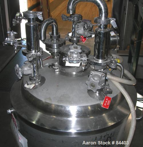 USED: Precision Stainless pressure tank, 53 gallon, 316L stainless steel, polished internal. 24" diameter x 32" straight side, dished top and bottom. Internal rated 50 psi at 400 deg F. (1) Spray bal...
