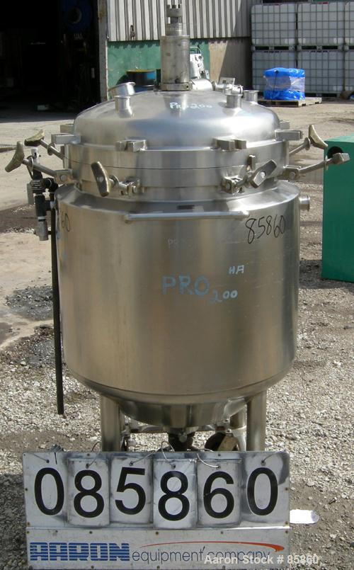 USED: Precision Stainless reactor, 52 gallon, 316L stainless steel, vertical. 24" diameter x 24" straight side x 15" coned bottom. Bolt on dished top. Internal rated 25 psi at 300 deg F, dimple jacke...