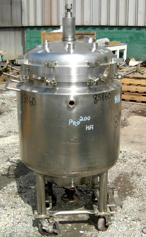 USED: Precision Stainless reactor, 52 gallon, 316L stainless steel, vertical. 24" diameter x 24" straight side x 15" coned bottom. Bolt on dished top. Internal rated 25 psi at 300 deg F, dimple jacke...