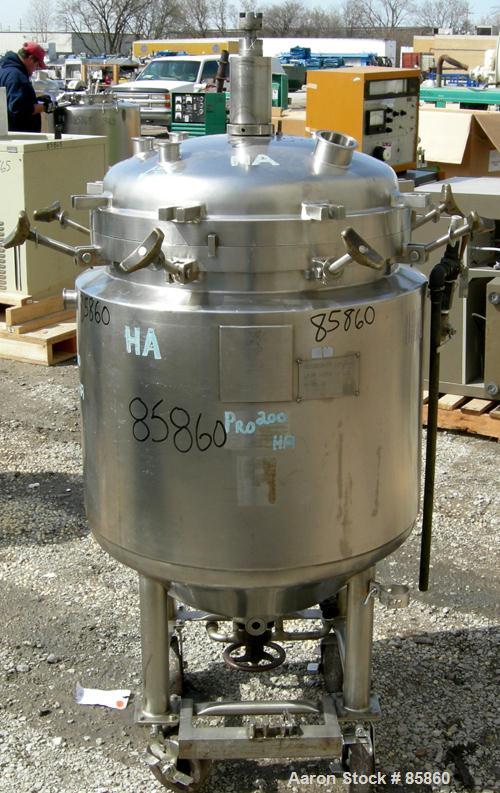 USED: Precision Stainless reactor, 52 gallon, 316L stainless steel, vertical. 24" diameter x 24" straight side x 15" coned bottom. Bolt on dished top. Internal rated 25 psi at 300 deg F, dimple jacke...
