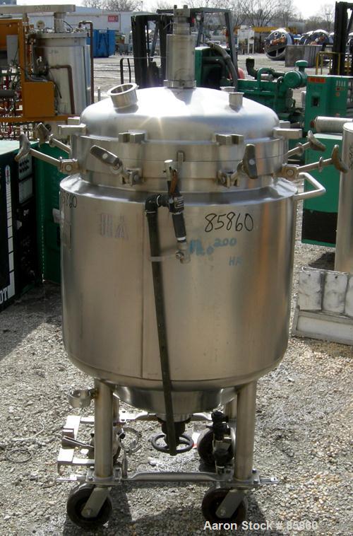 USED: Precision Stainless reactor, 52 gallon, 316L stainless steel, vertical. 24" diameter x 24" straight side x 15" coned bottom. Bolt on dished top. Internal rated 25 psi at 300 deg F, dimple jacke...