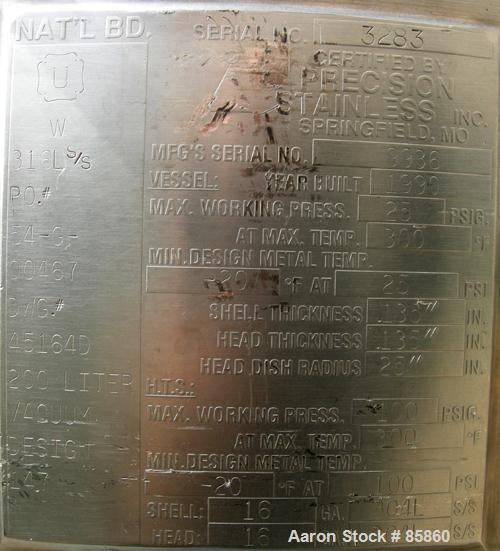 USED: Precision Stainless reactor, 52 gallon, 316L stainless steel, vertical. 24" diameter x 24" straight side x 15" coned bottom. Bolt on dished top. Internal rated 25 psi at 300 deg F, dimple jacke...