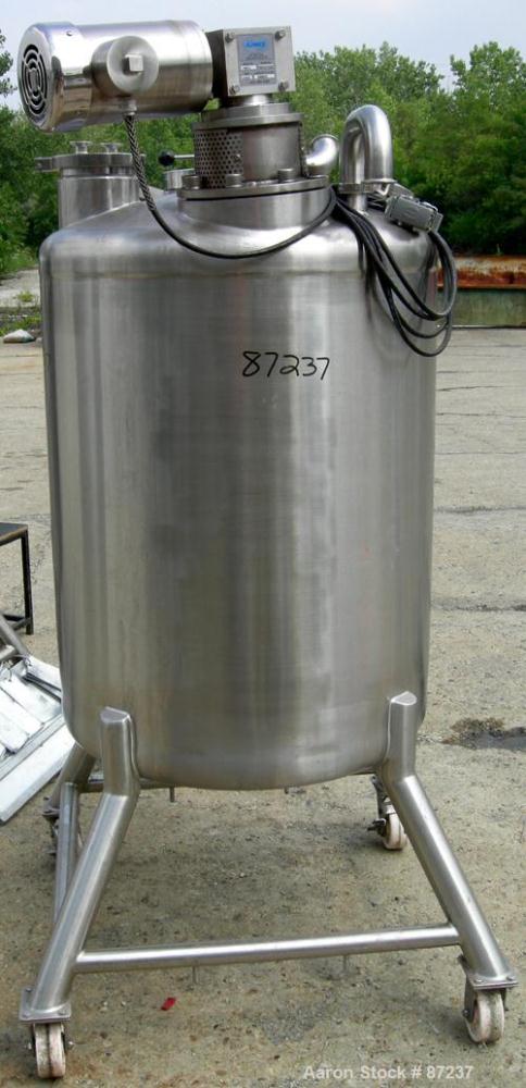 USED: Precision stainless tank, 100 gallon, 316 stainless steel, vertical. 32" diameter x 40" straight side, dished top and bottom. Internal rated atmos at 180 deg F. Off center Admix agitator, model...