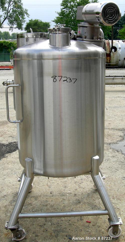 USED: Precision stainless tank, 100 gallon, 316 stainless steel, vertical. 32" diameter x 40" straight side, dished top and bottom. Internal rated atmos at 180 deg F. Off center Admix agitator, model...