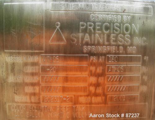 USED: Precision stainless tank, 100 gallon, 316 stainless steel, vertical. 32" diameter x 40" straight side, dished top and bottom. Internal rated atmos at 180 deg F. Off center Admix agitator, model...