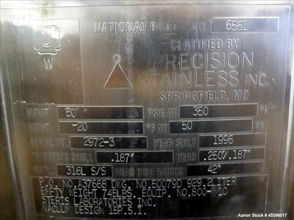 Used 929.2 Liter Stainless Steel Precision Stainless Pressure Tank