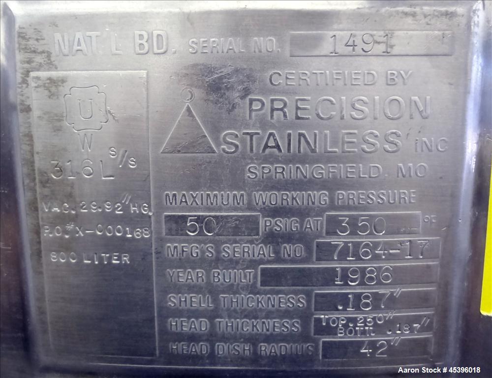 Used- 800 Liter Stainless Steel Precision Stainless Pressure Tank