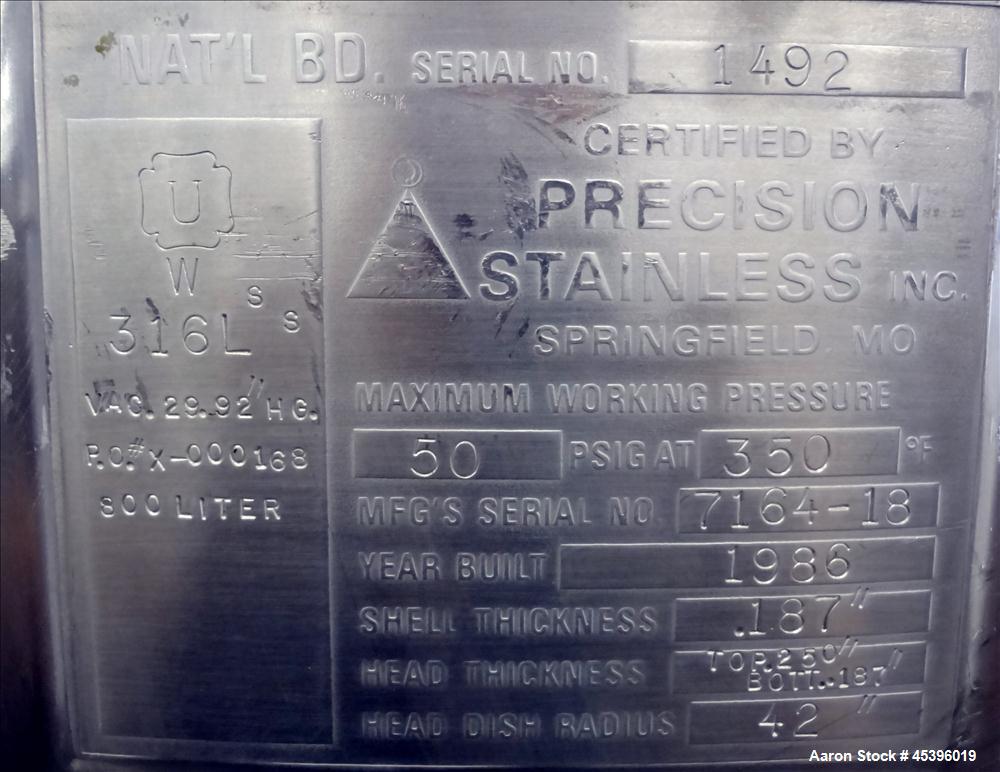 Used 800 Liter Stainless Steel Precision Stainless Pressure Tank