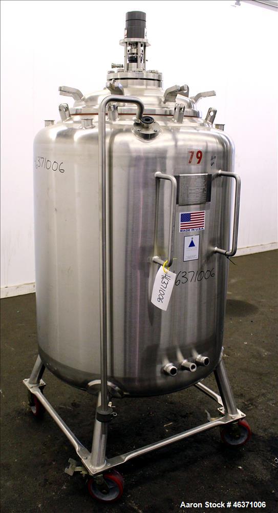 Used Precision Stainless Pressure Tank, 600 Liter (158.50 Gallon), 316L Stainless Steel, Vertical. 36" Diameter x 36" straight side, dished top and bottom heads. Vessel rated 40 psi at -20 to 300 deg...