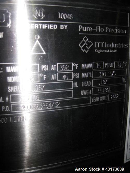 Used Pure Flo Agitated Receiver, 500 Liter (132 Gallon), 316L Stainless Steel Construction. Approximately 42" diameter x 21" straight side, dish top and bottom, rated 45 psi and full vacuum at 392 f ...