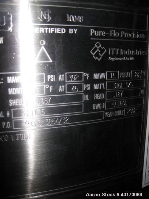 Used- Pure Flo Agitated Receiver, 500 Liter (132 Gallon), 316L Stainless Steel Construction. Approximately 42" diameter x 21...