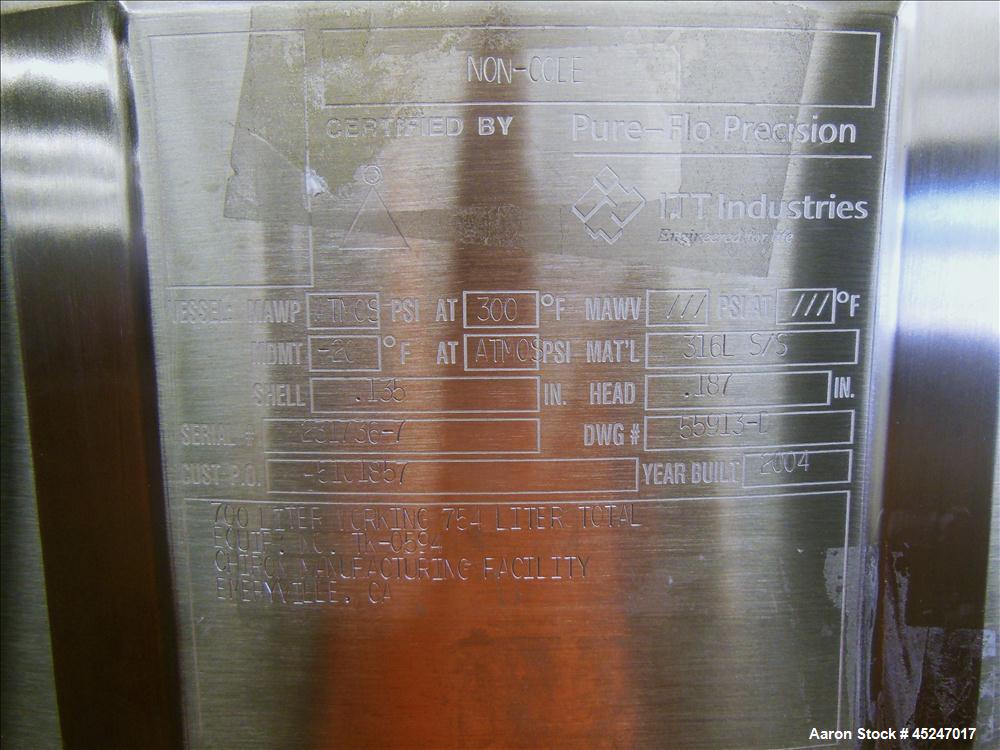 Used 200 Gallon Stainless Steel Pure-Flo Precision Tank, Model MBI410H37