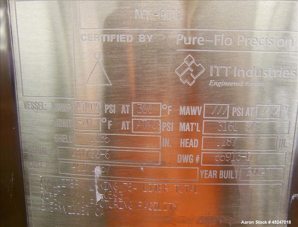 Used 200 Gallon Stainless Steel Pure-Flo Precision Tank, Model MBI410H37