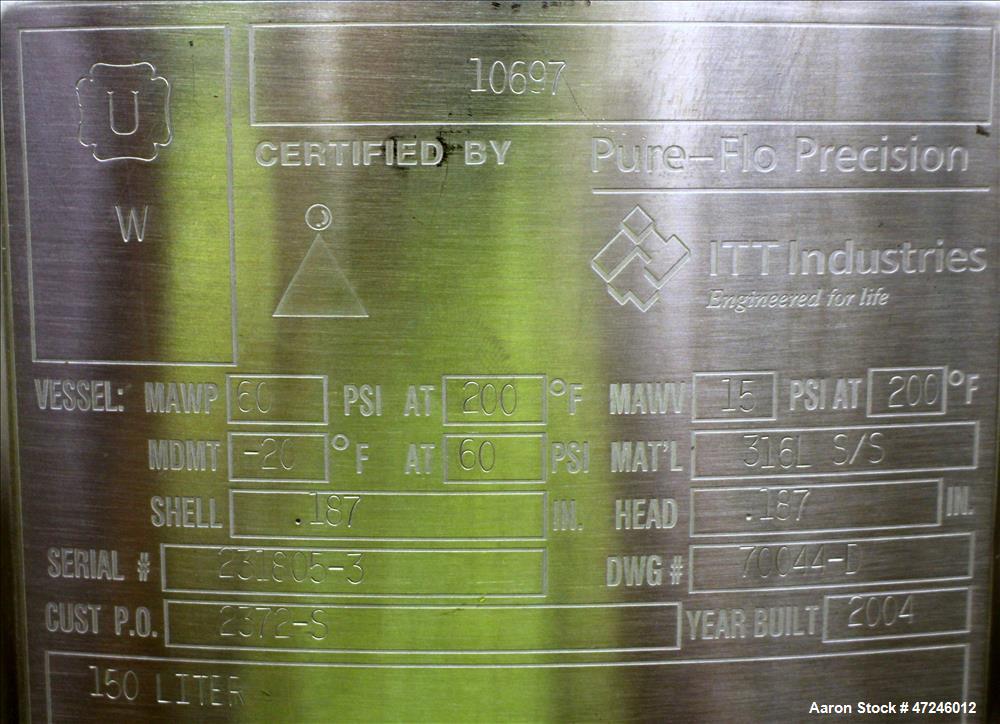 Used Pure-Flo Precision Pressure Tank, 150 liter (39.6 Gallons), 316L Stainless