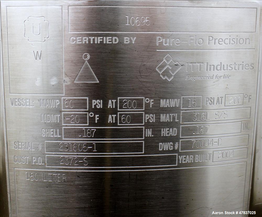 Used Pure-Flo Precision Pressure Tank, 150 liter (39 Gallon), 316L Stainless Steel, Vertical. 26" Diameter x 16" straight side, dished top and bottom. Internal rated 60 psi at -20 to 200 degrees F., ...