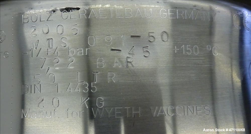 Used Bolz Rutten Sterile Storage Systems Pressure Tank, 13.2 Gallon