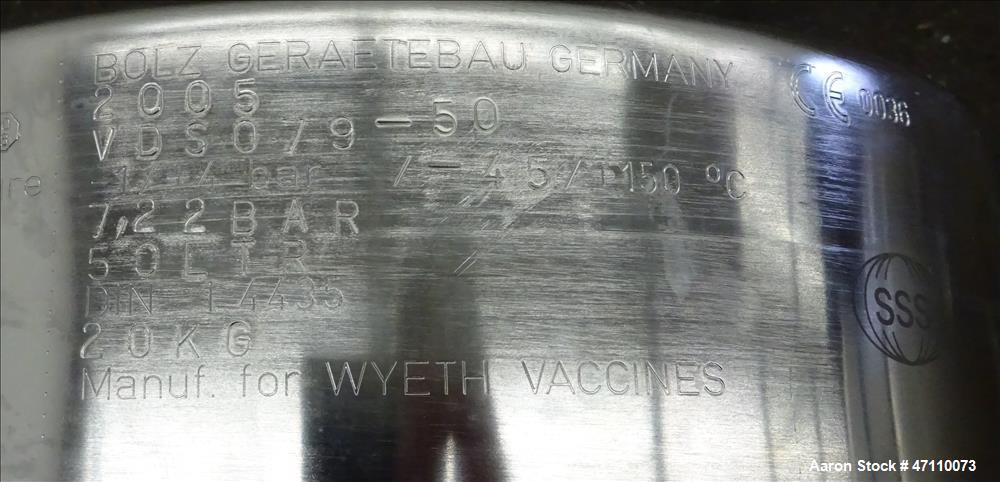 Used Bolz Rutten Sterile Storage Systems Pressure Tank, 13.2 Gallon