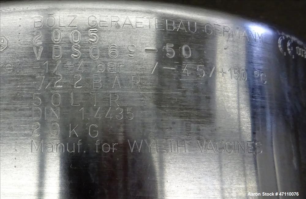 Used Bolz Rutten Sterile Storage Systems Pressure Tank, 13.2 Gallon