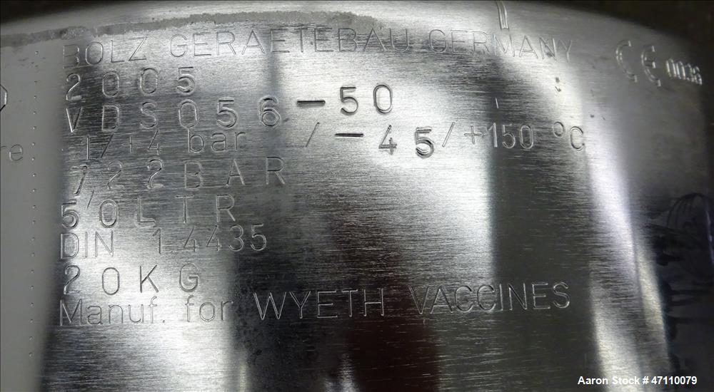 Used Bolz Rutten Sterile Storage Systems Pressure Tank, 13.2 Gallon