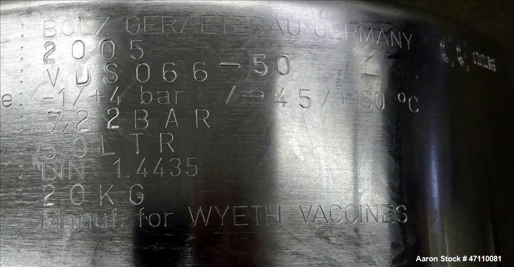 Used Bolz Rutten Sterile Storage Systems Pressure Tank, 13.2 Gallon (50 Liter) Capacity, 316L Stainless Steel, Vertical. Approximate 395mm (15.5") diameter by 304mm (12") straight side, dished top & ...