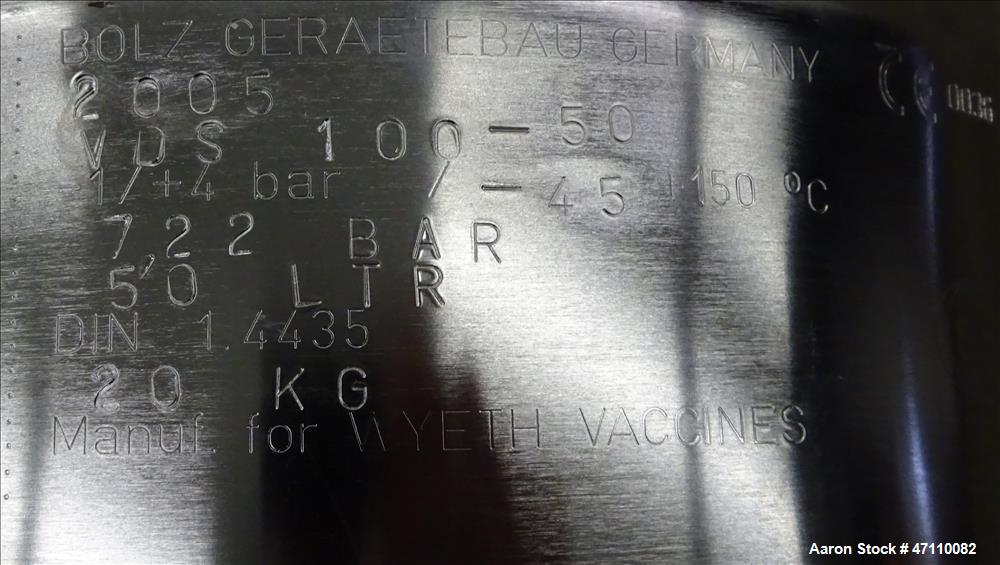 Used Bolz Rutten Sterile Storage Systems Pressure Tank, 13.2 Gallon