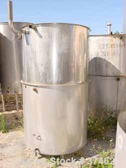 USED: Sani Tank, 300 gallon, stainless steel, vertical. 38" diameter x 60" straight side. Flat open top with 1/2 hinged cover, flat bottom. 2-1/2" side bottom outlet.