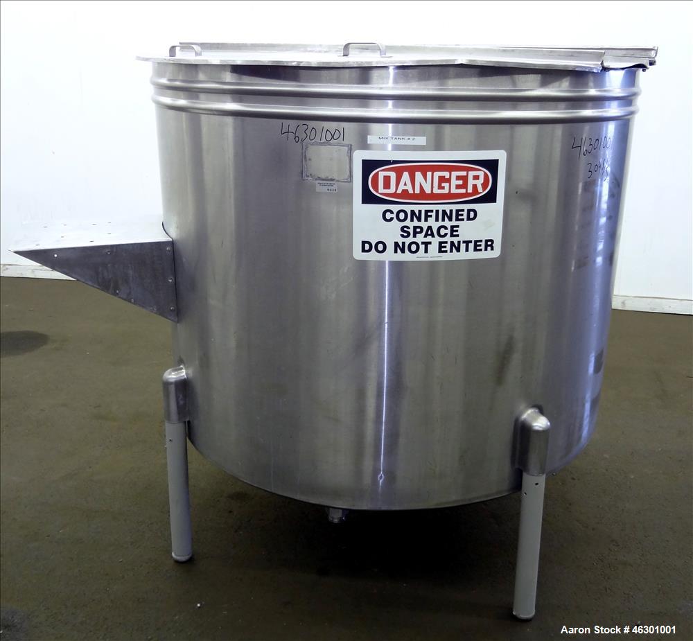 Used Tank, Approximately 450 Gallons, 304 Stainless Steel, Vertical. Approximately 57" diameter x 42" straight side, flat open top with (2) piece cover, sloped bottom. Provision for a side entering a...