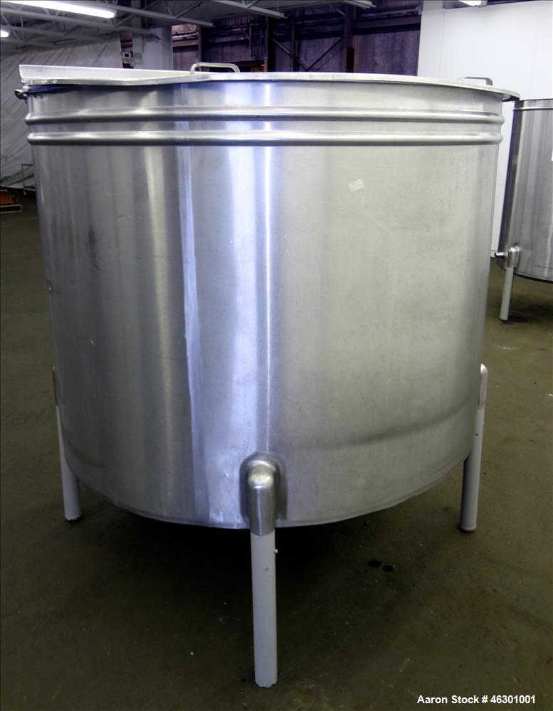 Used Tank, Approximately 450 Gallons, 304 Stainless Steel, Vertical. Approximately 57" diameter x 42" straight side, flat open top with (2) piece cover, sloped bottom. Provision for a side entering a...