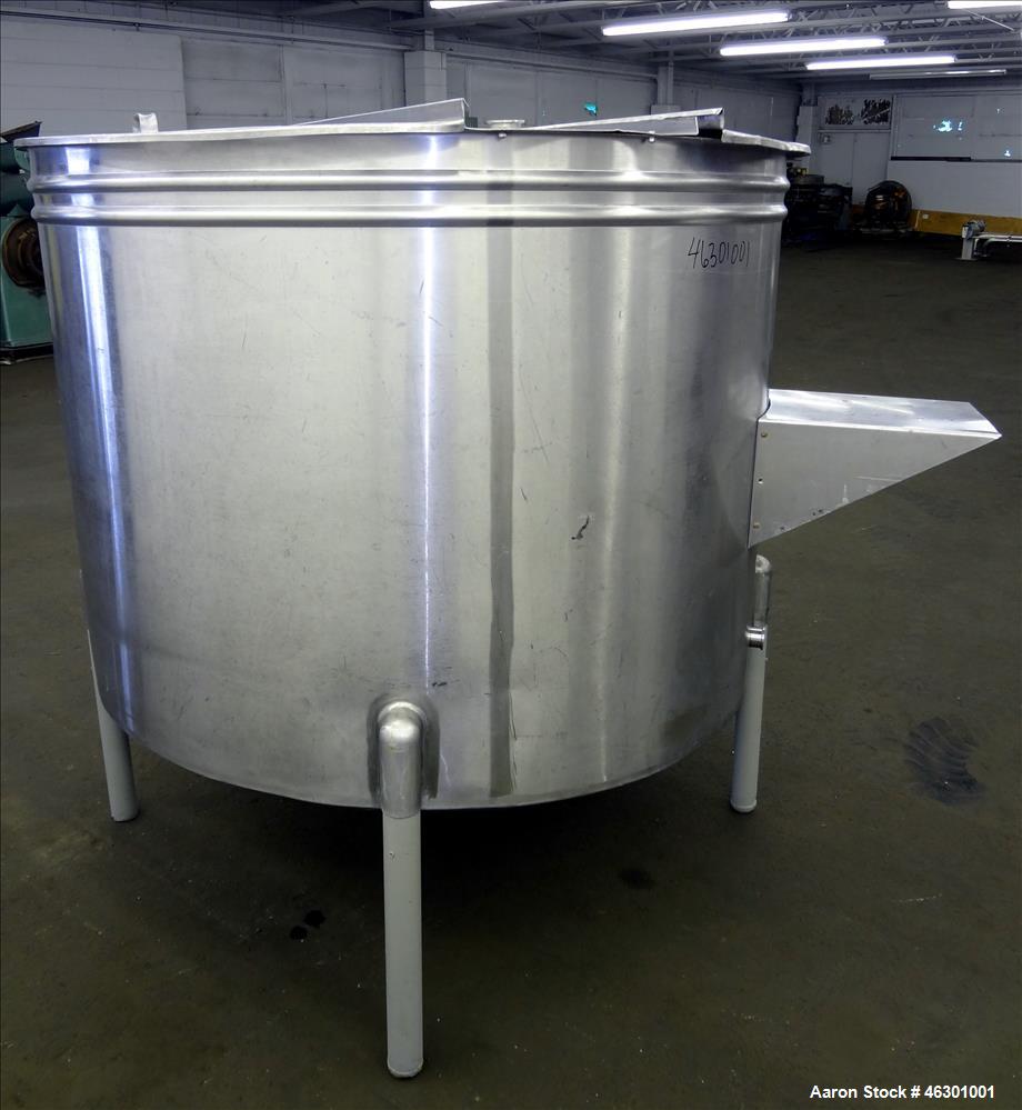 Used Tank, Approximately 450 Gallons, 304 Stainless Steel, Vertical. Approximately 57" diameter x 42" straight side, flat open top with (2) piece cover, sloped bottom. Provision for a side entering a...