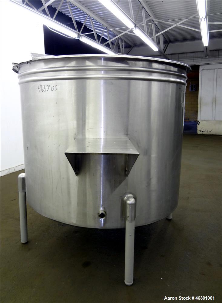 Used Tank, Approximately 450 Gallons, 304 Stainless Steel, Vertical. Approximately 57" diameter x 42" straight side, flat open top with (2) piece cover, sloped bottom. Provision for a side entering a...
