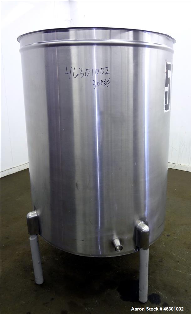 Used San-I-Tank, Approximately 320 Gallons, 304 Stainless Steel, Vertical. Approximately 43" diameter x 52" straight side, flat top open top, no cover, slopped bottom. Openings: side 1.5"; 1.5" off c...