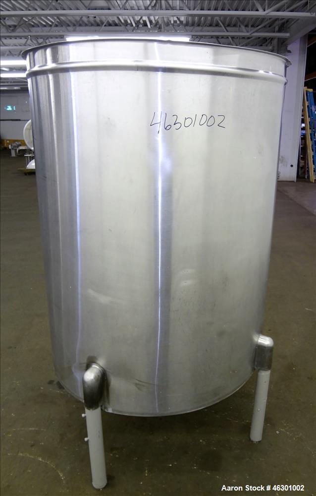 Used San-I-Tank, Approximately 320 Gallons, 304 Stainless Steel, Vertical. Approximately 43" diameter x 52" straight side, flat top open top, no cover, slopped bottom. Openings: side 1.5"; 1.5" off c...
