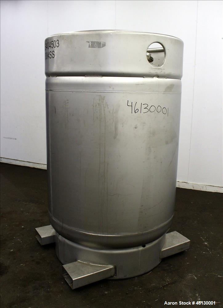 Used Sharpville Container Pressure Tank, 1250 Liter (330 Gallon), 304 Stainless Steel. 44-7/8" Diameter x 41" straight side. Dished top and bottom heads. Internal rated 40 psi at -20 to 250 degrees F...