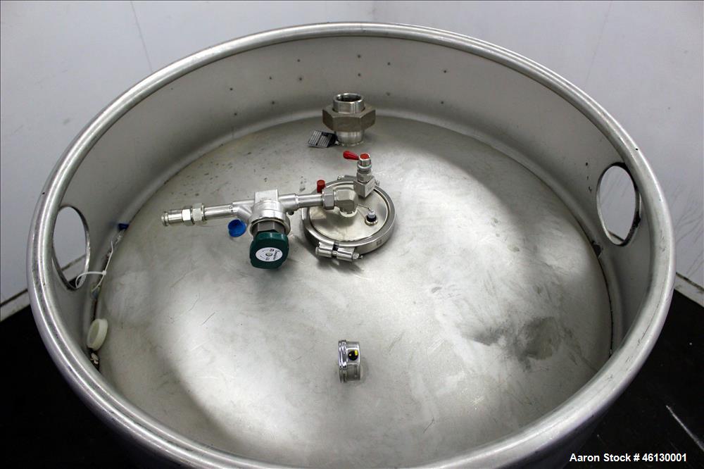 Used Sharpville Container Pressure Tank, 1250 Liter (330 Gallon), 304 Stainless Steel. 44-7/8" Diameter x 41" straight side. Dished top and bottom heads. Internal rated 40 psi at -20 to 250 degrees F...
