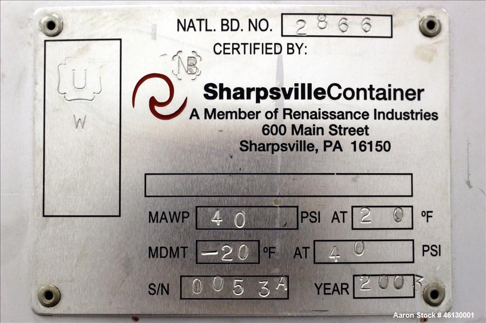 Used Sharpville Container Pressure Tank, 1250 Liter (330 Gallon), 304 Stainless Steel. 44-7/8" Diameter x 41" straight side. Dished top and bottom heads. Internal rated 40 psi at -20 to 250 degrees F...