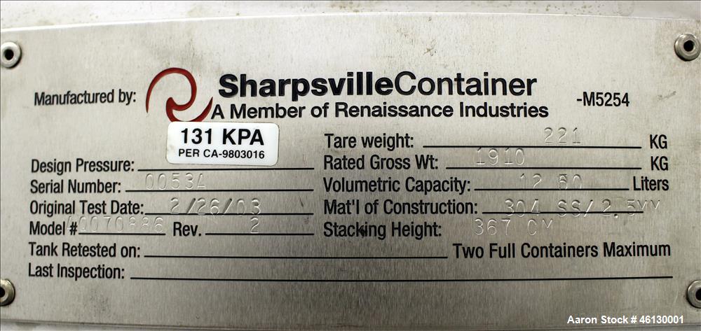 Used Sharpville Container Pressure Tank, 1250 Liter (330 Gallon), 304 Stainless Steel. 44-7/8" Diameter x 41" straight side. Dished top and bottom heads. Internal rated 40 psi at -20 to 250 degrees F...
