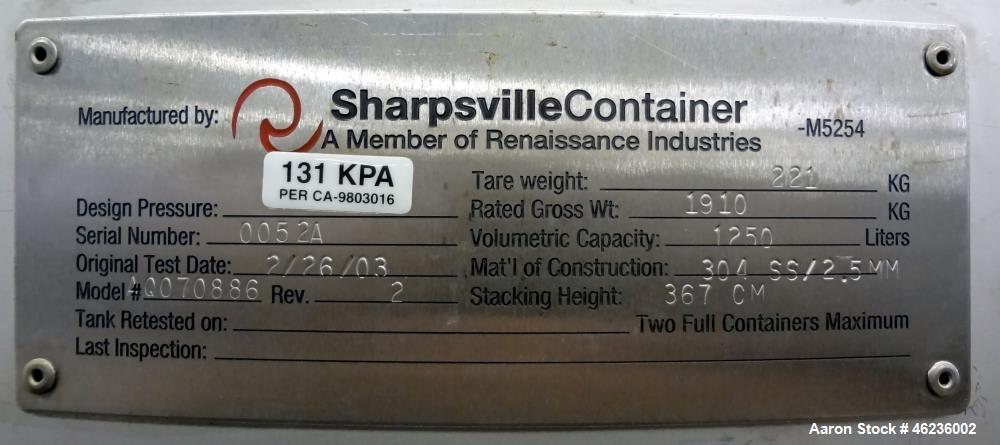Used Sharpsville Container Pressure Tank, 1250 Liter (330 Gallon) Capacity, 304 Stainless Steel, Vertical. Approximately 44-7/8" diameter x 41" straight side. Dished top and bottom heads. Internal ra...
