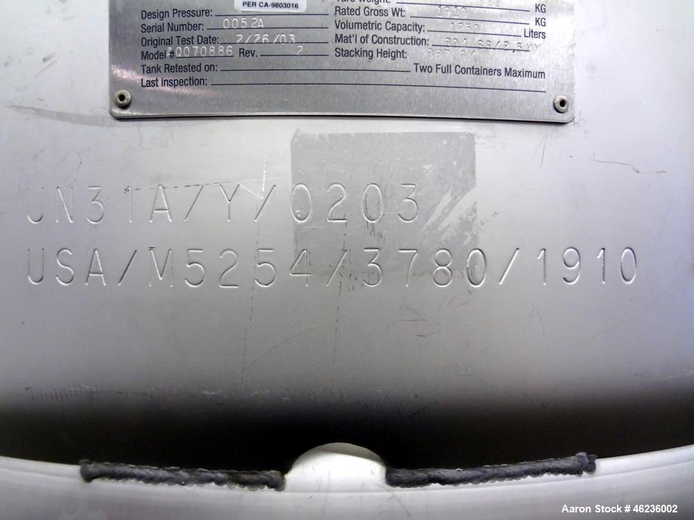 Used Sharpsville Container Pressure Tank, 1250 Liter (330 Gallon) Capacity, 304 Stainless Steel, Vertical. Approximately 44-7/8" diameter x 41" straight side. Dished top and bottom heads. Internal ra...