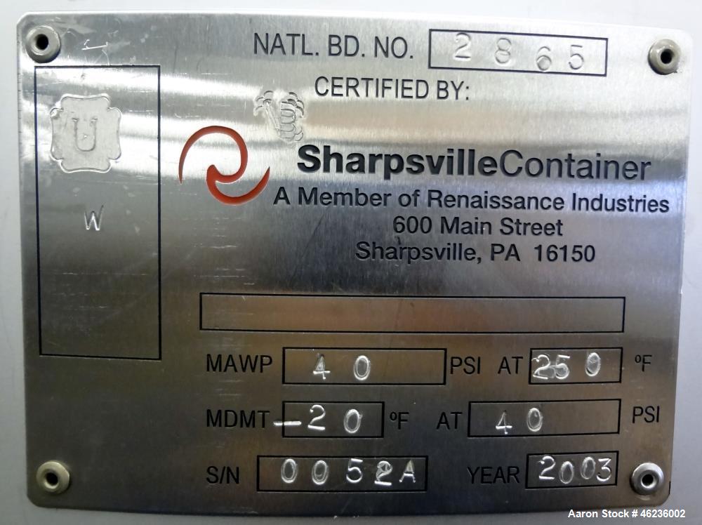 Used Sharpsville Container Pressure Tank, 1250 Liter (330 Gallon) Capacity, 304 Stainless Steel, Vertical. Approximately 44-7/8" diameter x 41" straight side. Dished top and bottom heads. Internal ra...