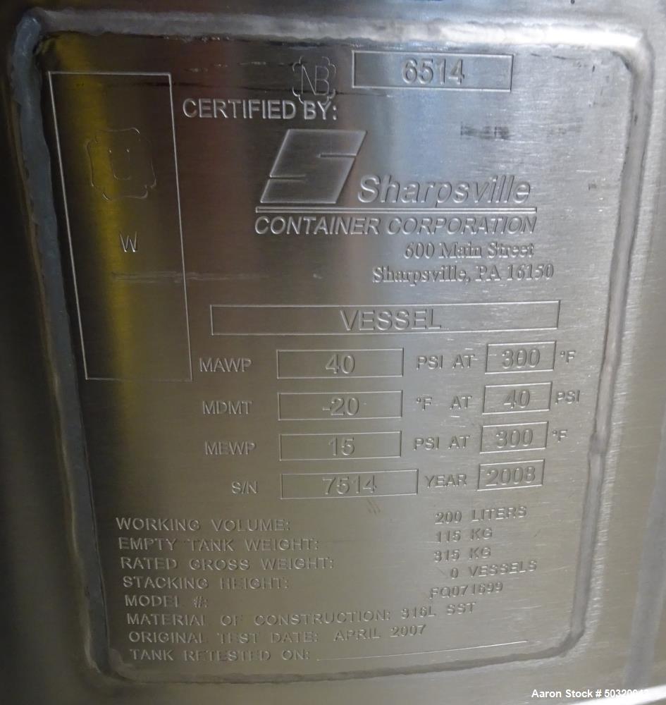 Used Sharpsville Pressure Mix Tank, 200 Liter, Model 200 Liter