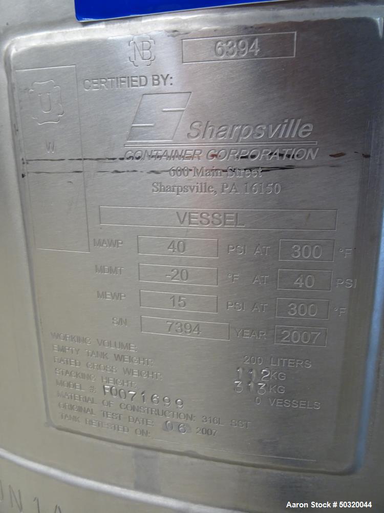 Used Sharpsville Pressure Mix Tank, 200 Liter, Model 200 Liter