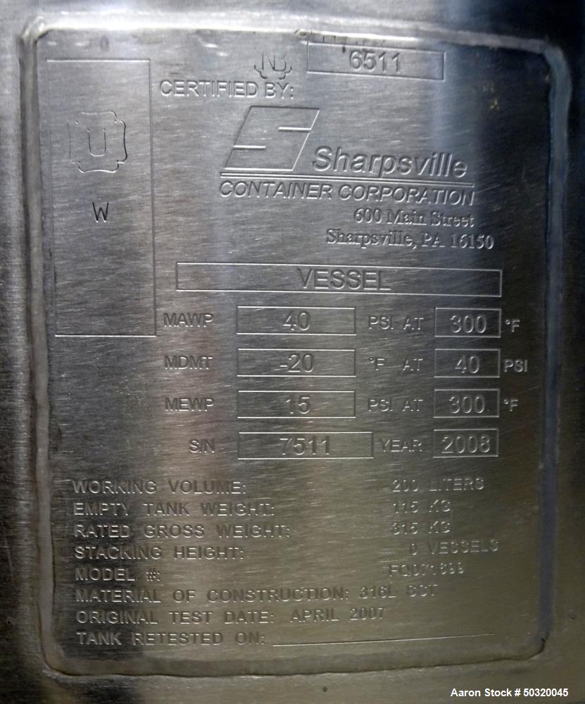 Used Sharpsville Pressure Mix Tank, 200 Liter, 316L Stainless Steel