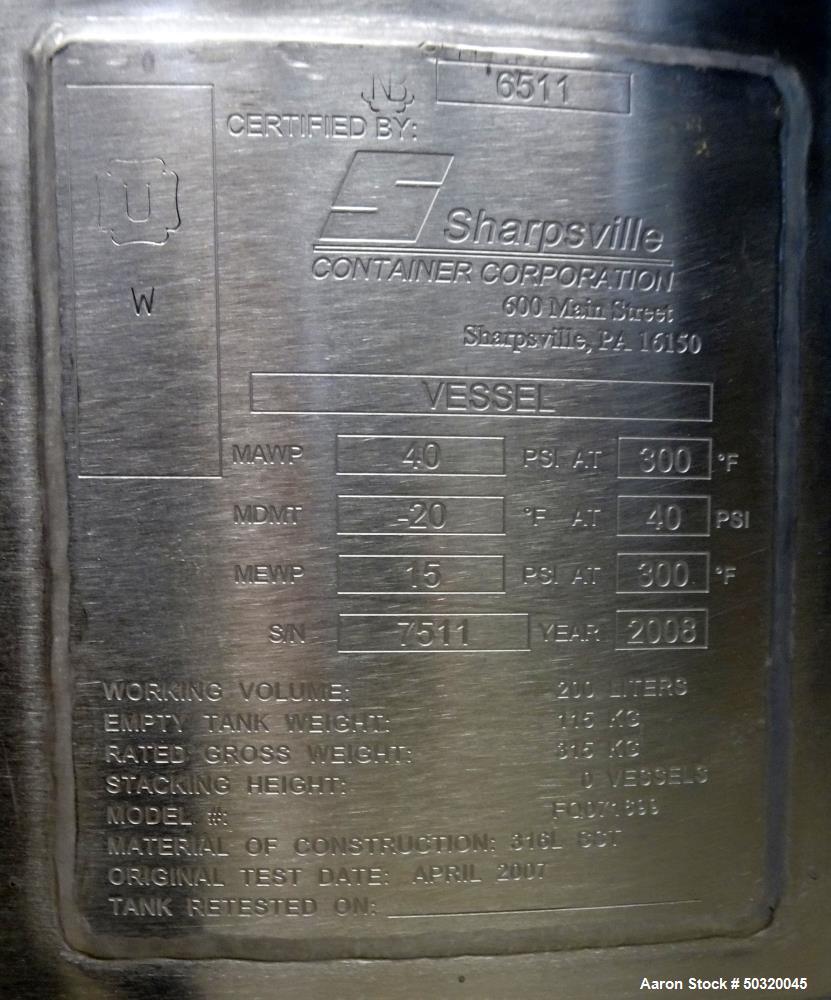 Used- Sharpsville Pressure Mix Tank, 200 Liter, 316L Stainless Steel