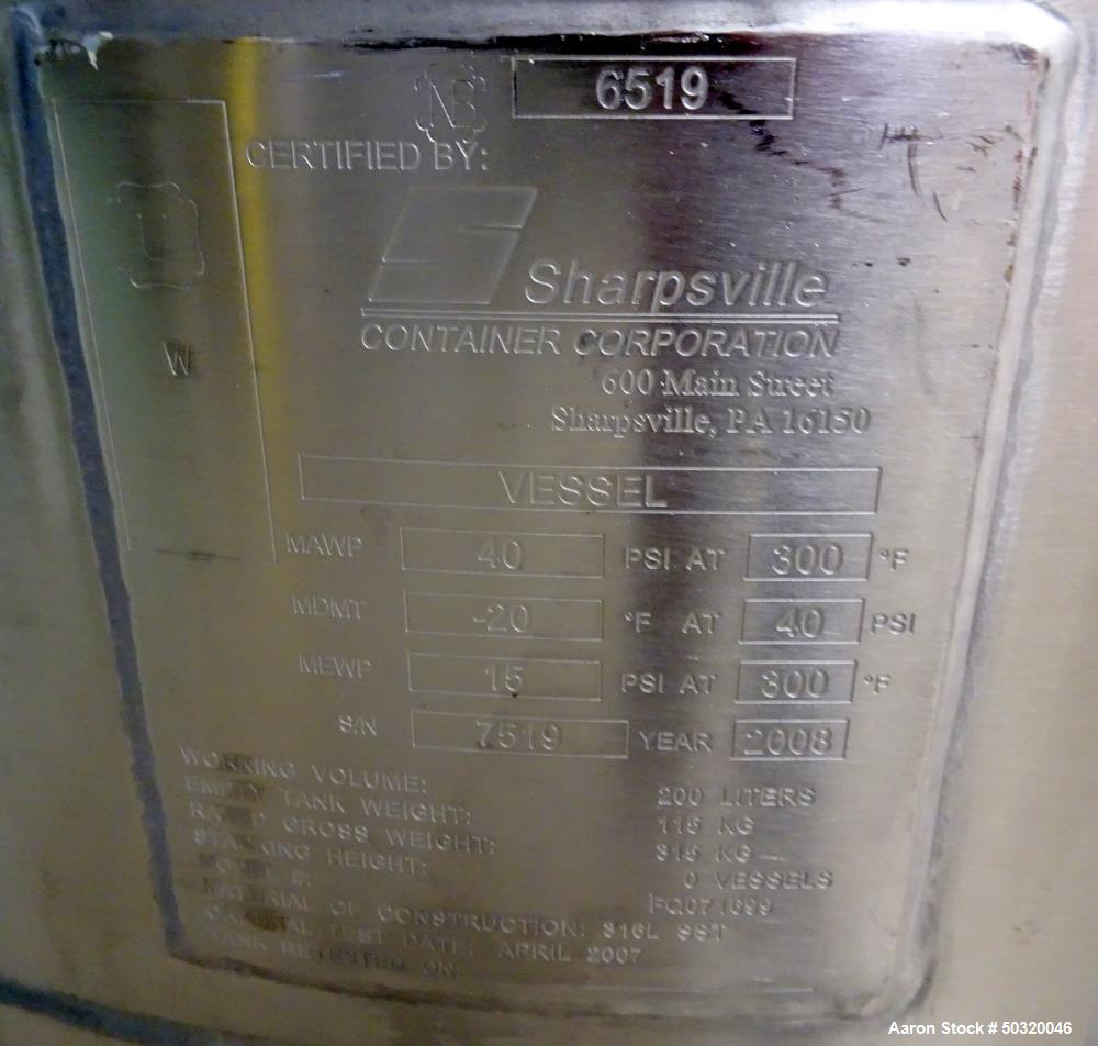 Used Sharpsville Pressure Mix Tank, 200 Liter, 316L Stainless Steel