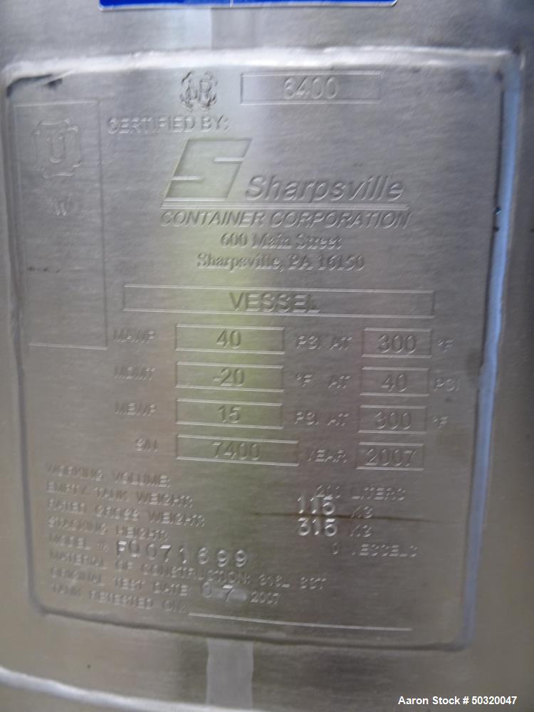 Used Sharpsville Pressure Mix Tank, 200 Liter, 316L Stainless Steel