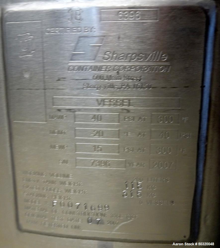 Used Sharpsville Pressure Mix Tank, 200 Liter, 316L Stainless Steel