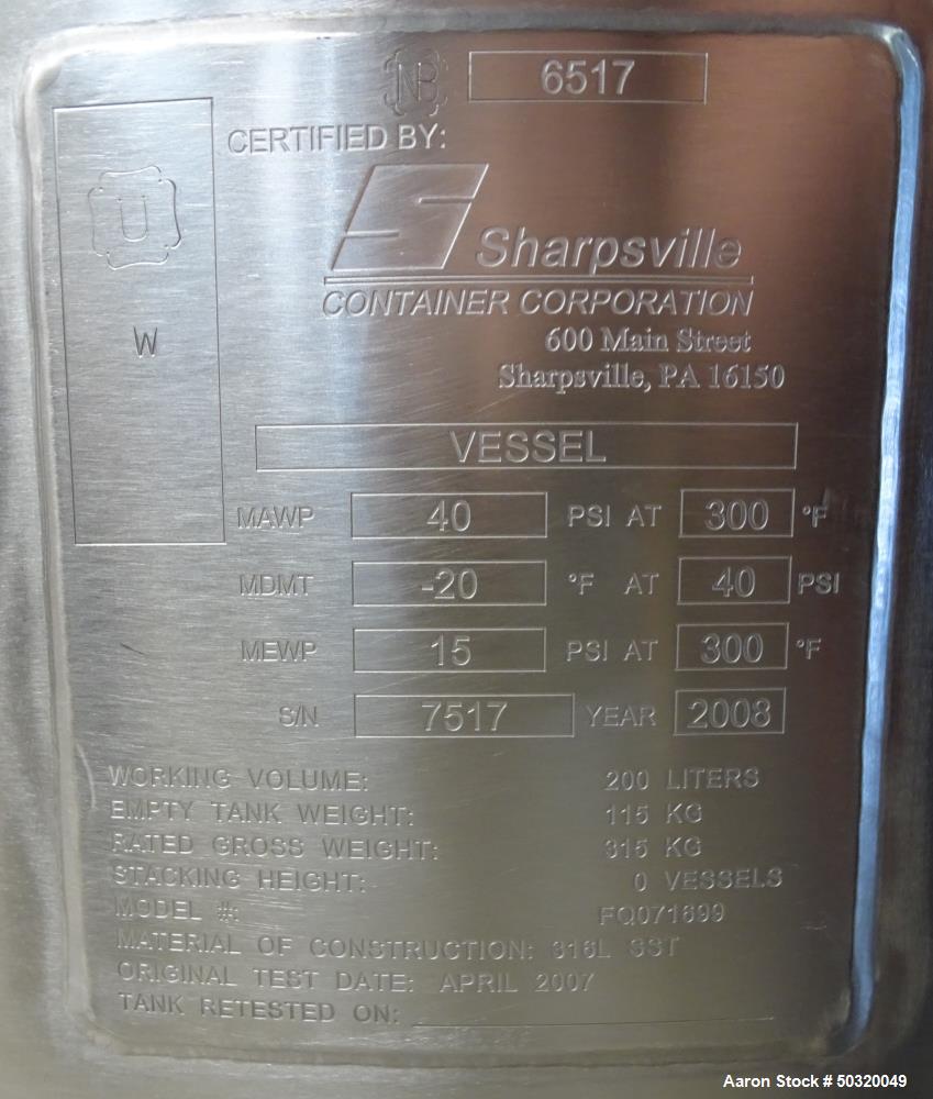 Used Sharpsville Pressure Mix Tank, 200 Liter, 316L Stainless Steel